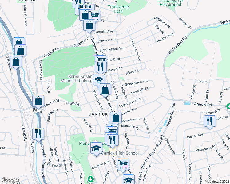 map of restaurants, bars, coffee shops, grocery stores, and more near 1712 Amanda Street in Pittsburgh