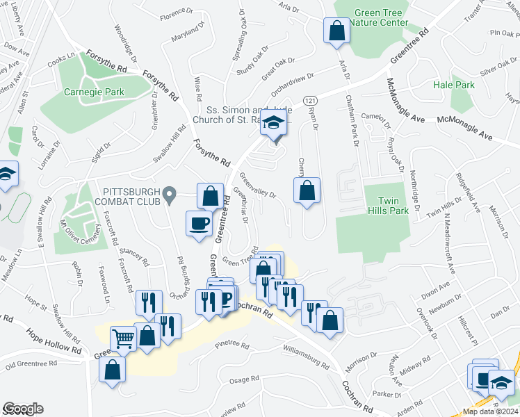 map of restaurants, bars, coffee shops, grocery stores, and more near 31 Green Tree Road in Pittsburgh