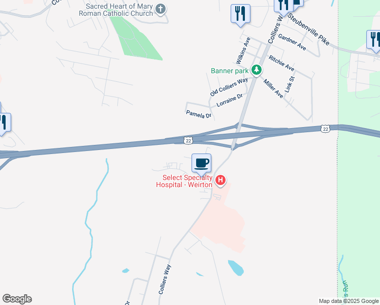 map of restaurants, bars, coffee shops, grocery stores, and more near Woodbridge Park in Weirton