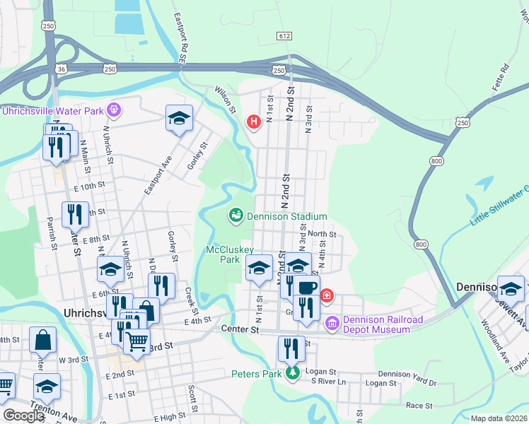 map of restaurants, bars, coffee shops, grocery stores, and more near 598 North 1st Street in Dennison
