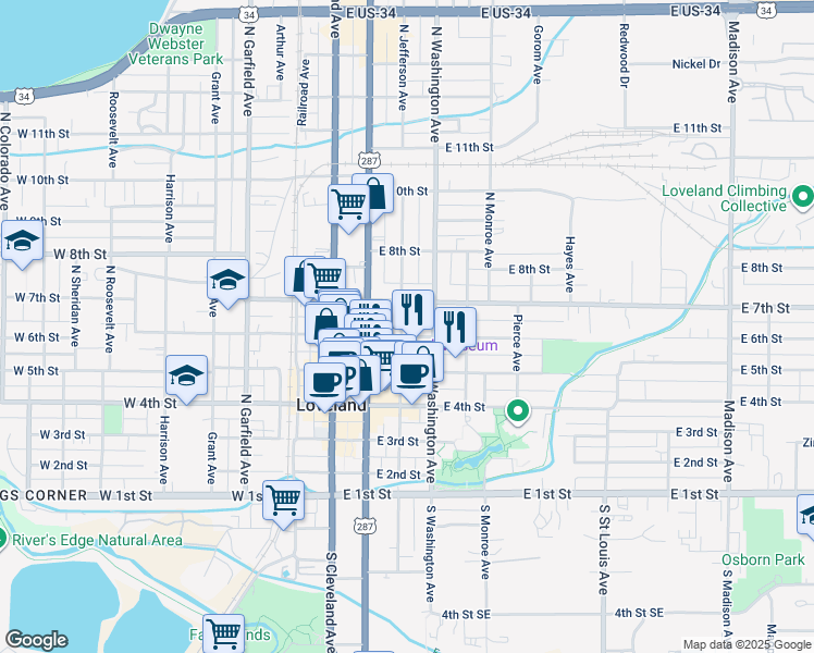 map of restaurants, bars, coffee shops, grocery stores, and more near 610 North Jefferson Avenue in Loveland