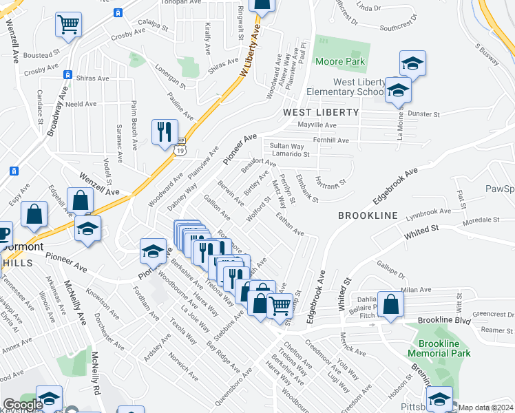 map of restaurants, bars, coffee shops, grocery stores, and more near 2344 Wolford Street in Pittsburgh