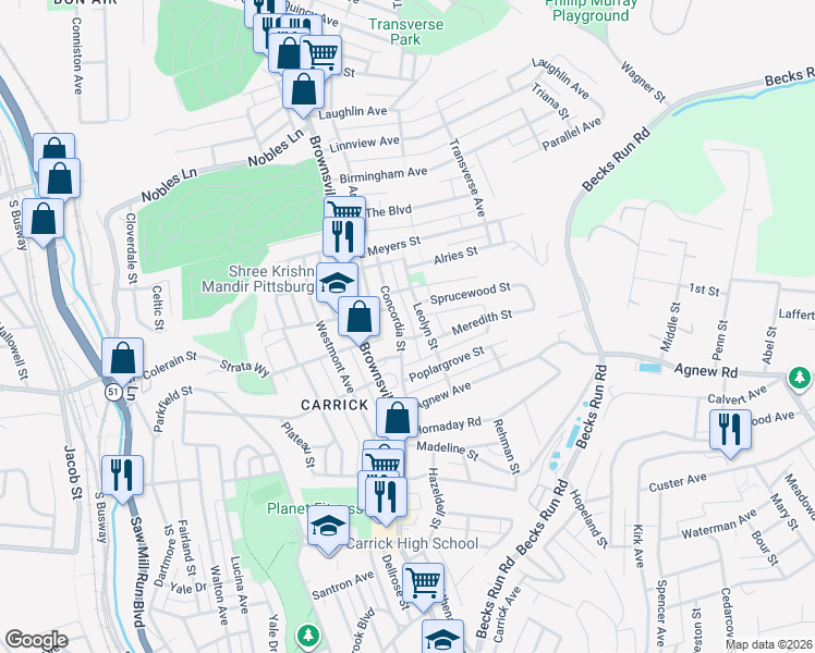 map of restaurants, bars, coffee shops, grocery stores, and more near 1724 Leolyn Street in Pittsburgh