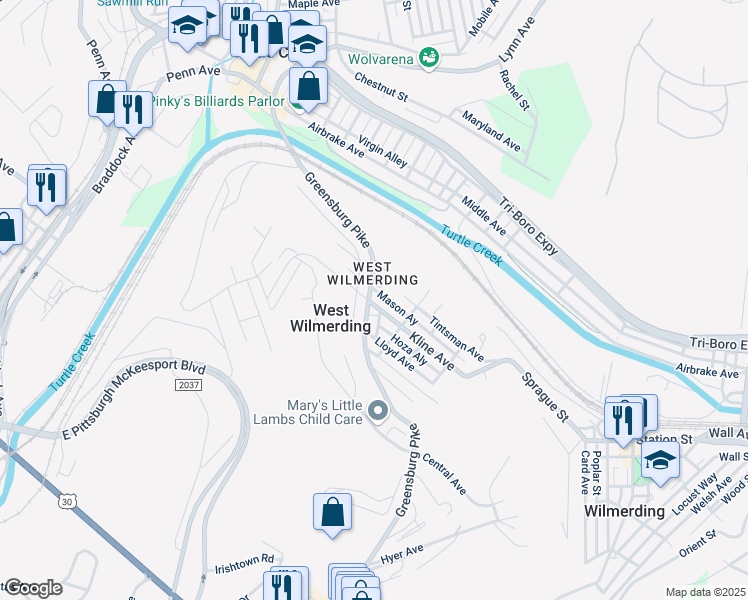 map of restaurants, bars, coffee shops, grocery stores, and more near 431 Greensburg Pike in North Versailles