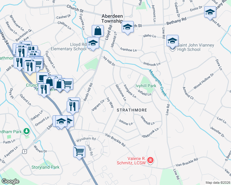map of restaurants, bars, coffee shops, grocery stores, and more near 97 Idolstone Lane in Monmouth County