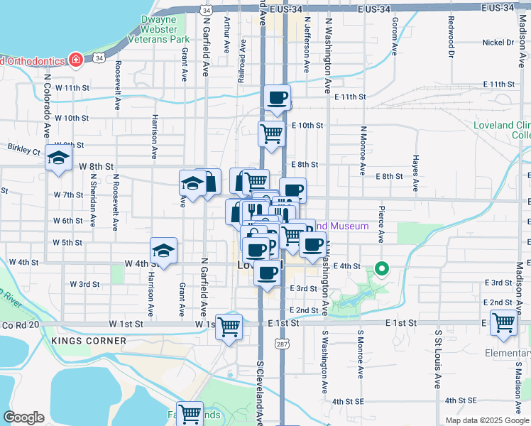 map of restaurants, bars, coffee shops, grocery stores, and more near in Loveland
