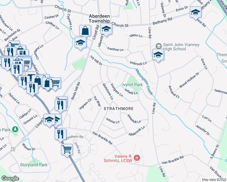 map of restaurants, bars, coffee shops, grocery stores, and more near 55 Irongate Lane in Monmouth County