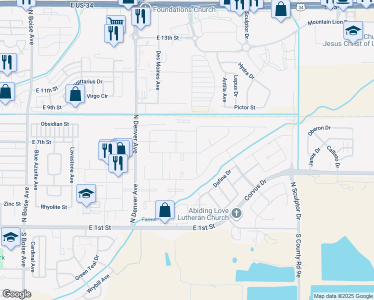 map of restaurants, bars, coffee shops, grocery stores, and more near 2597 Turquoise Street in Loveland
