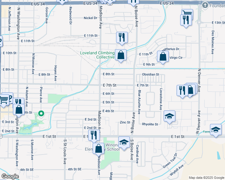map of restaurants, bars, coffee shops, grocery stores, and more near 620 Albany Avenue in Loveland