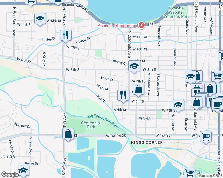 map of restaurants, bars, coffee shops, grocery stores, and more near 604 Douglas Avenue in Loveland