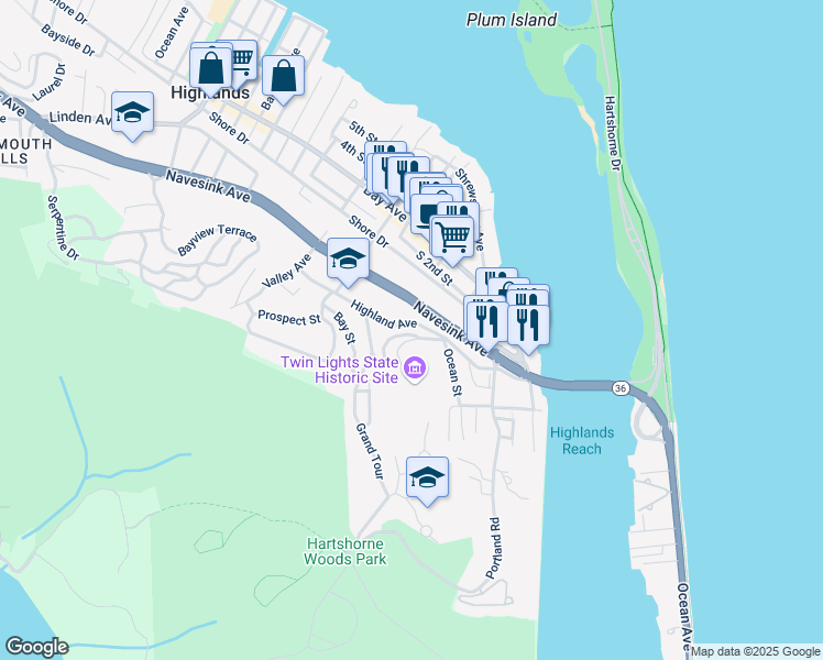 map of restaurants, bars, coffee shops, grocery stores, and more near 83 Highland Avenue in Highlands