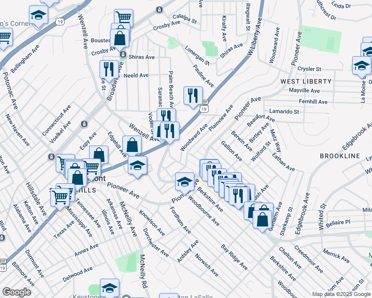map of restaurants, bars, coffee shops, grocery stores, and more near 2522 Plainview Avenue in Pittsburgh
