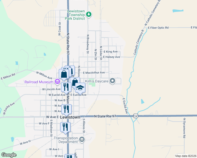 map of restaurants, bars, coffee shops, grocery stores, and more near 600-606 East Milton Avenue in Lewistown