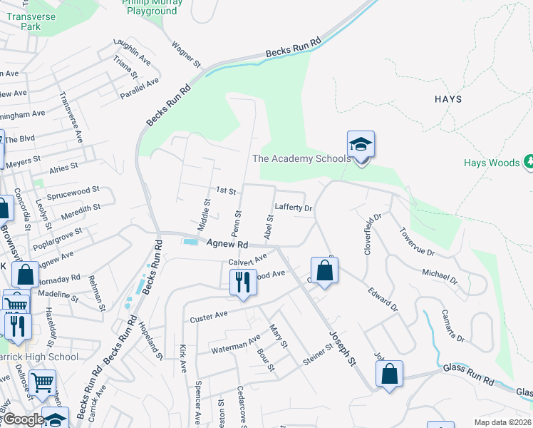 map of restaurants, bars, coffee shops, grocery stores, and more near 441 Abel Street in Pittsburgh