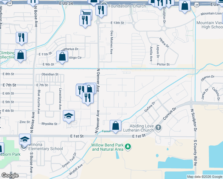 map of restaurants, bars, coffee shops, grocery stores, and more near 2315 Turquoise Street in Loveland