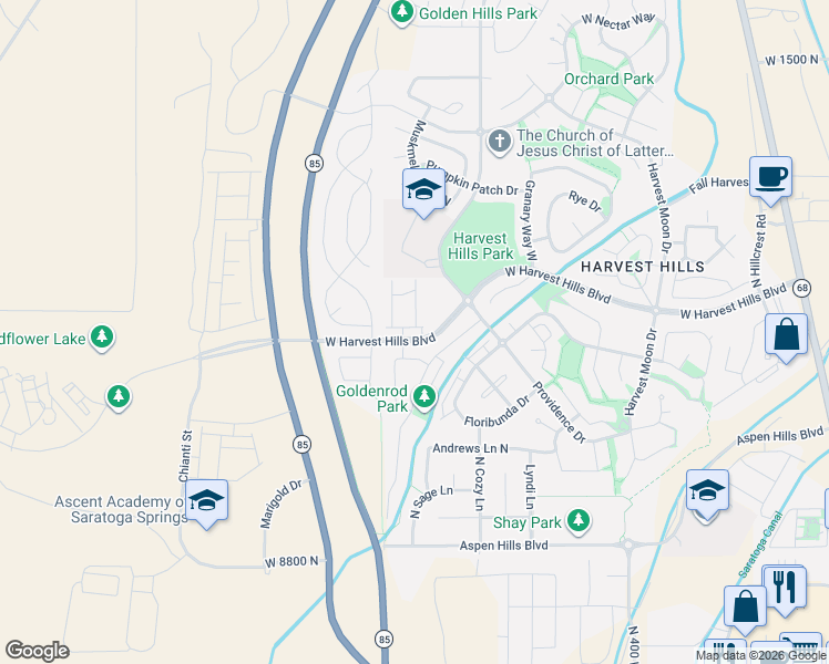 map of restaurants, bars, coffee shops, grocery stores, and more near 1983 Churchill Drive in Saratoga Springs