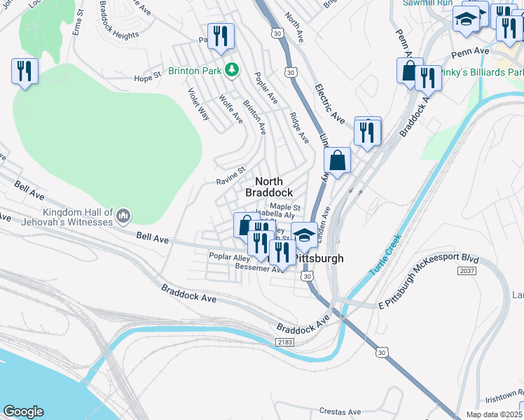map of restaurants, bars, coffee shops, grocery stores, and more near 811 Main Street in East Pittsburgh