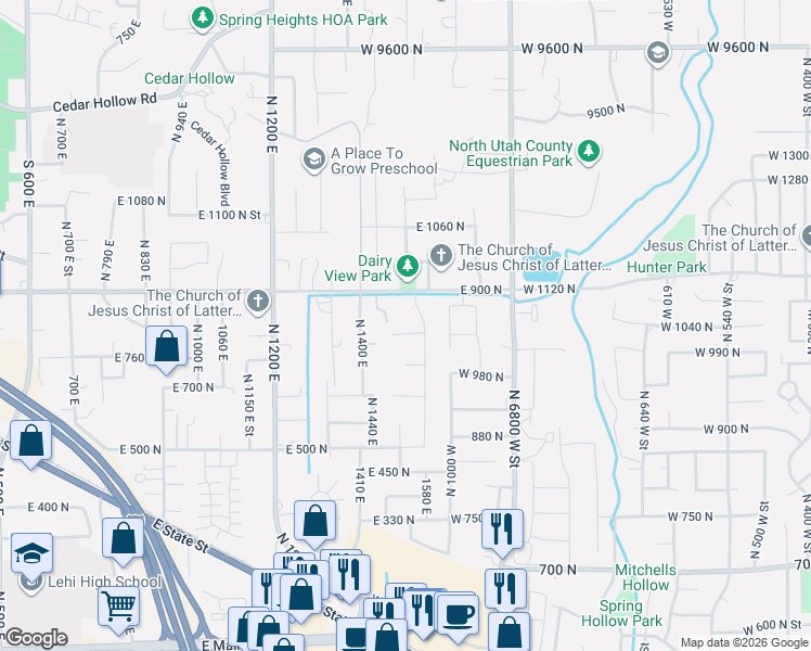 map of restaurants, bars, coffee shops, grocery stores, and more near 1539 East 800 North Street in Lehi