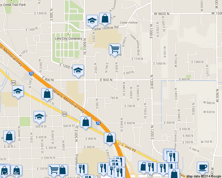 map of restaurants, bars, coffee shops, grocery stores, and more near 855 Whipple Drive in Lehi