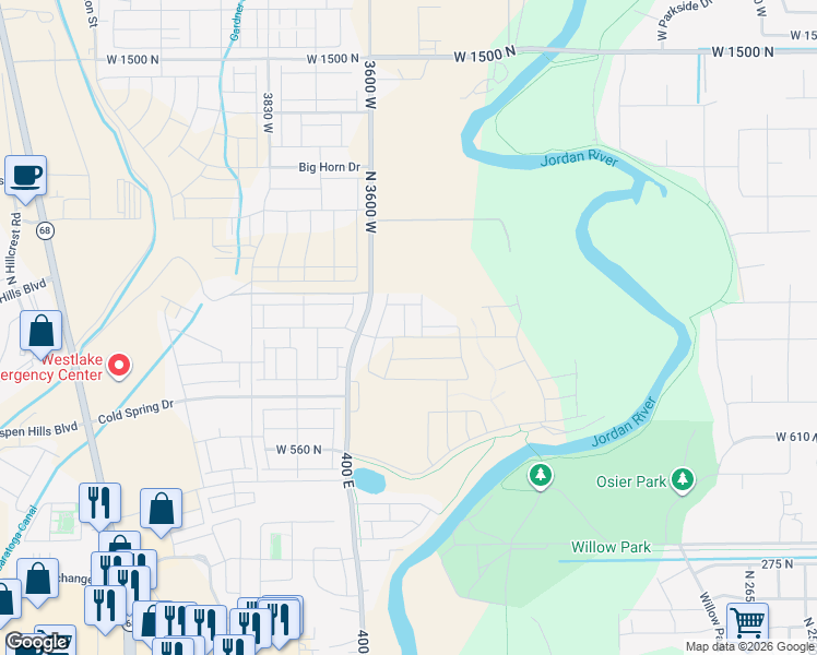 map of restaurants, bars, coffee shops, grocery stores, and more near 8982 400 East in Lehi