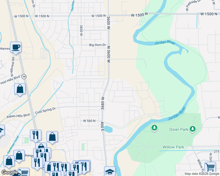 map of restaurants, bars, coffee shops, grocery stores, and more near 8982 400 East in Lehi