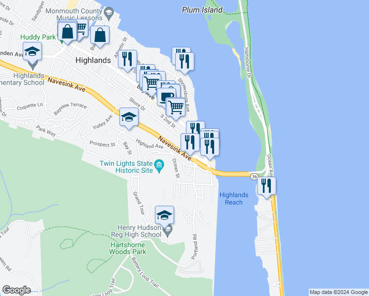 map of restaurants, bars, coffee shops, grocery stores, and more near 23 Bay Avenue in Highlands