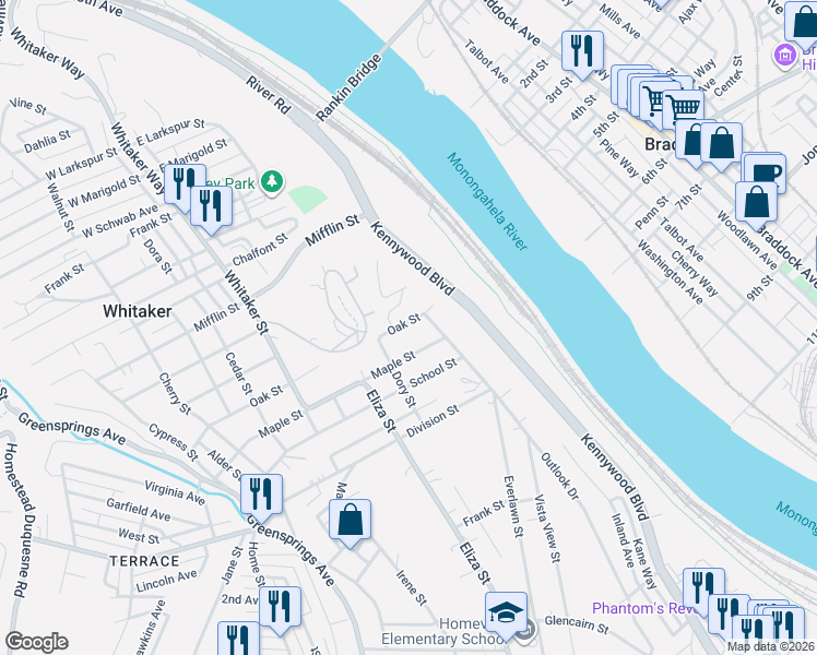 map of restaurants, bars, coffee shops, grocery stores, and more near 821 Oak Street in West Mifflin