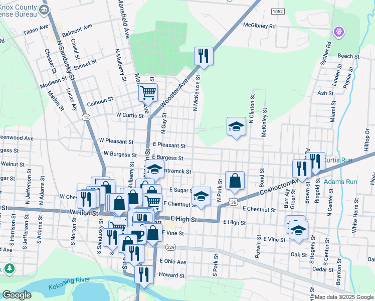 map of restaurants, bars, coffee shops, grocery stores, and more near 112 East Pleasant Street in Mount Vernon