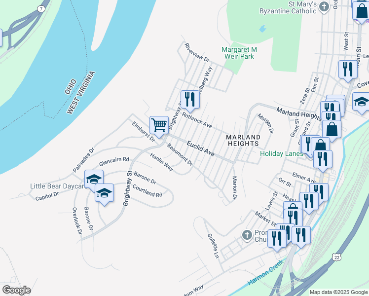 map of restaurants, bars, coffee shops, grocery stores, and more near 3809 Collins Way in Weirton