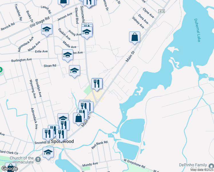 map of restaurants, bars, coffee shops, grocery stores, and more near 284 Main Street in Spotswood