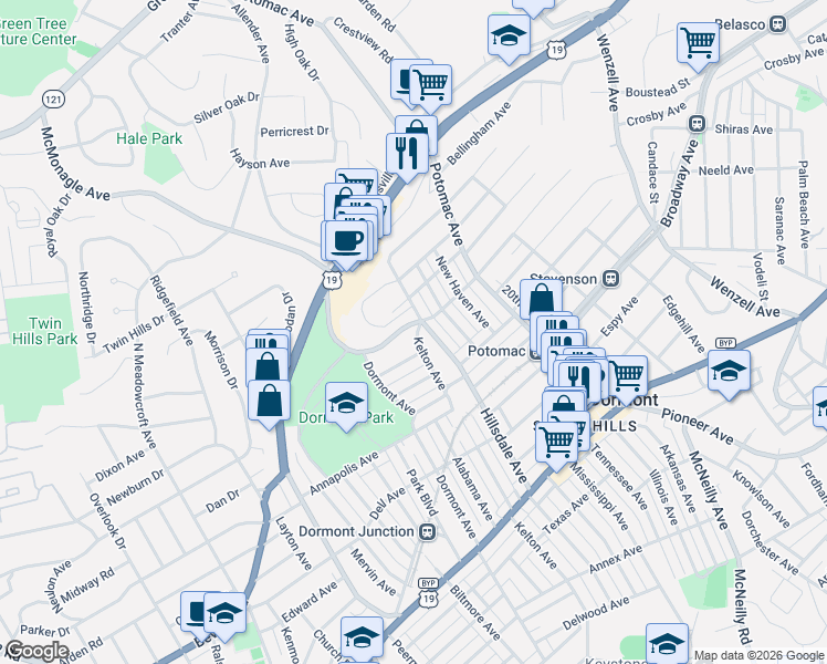 map of restaurants, bars, coffee shops, grocery stores, and more near in Dormont