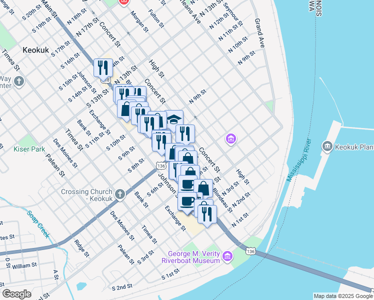 map of restaurants, bars, coffee shops, grocery stores, and more near 117 N 7th St in Keokuk