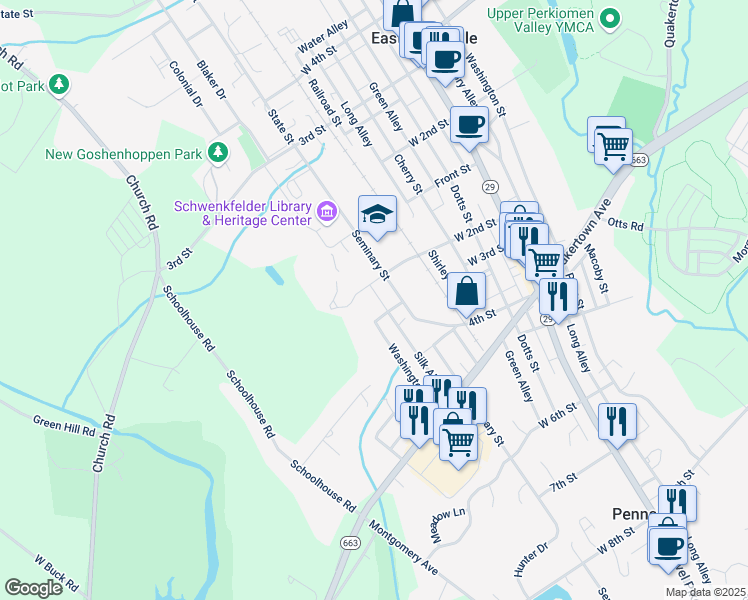 map of restaurants, bars, coffee shops, grocery stores, and more near 22 West 2nd Street in Pennsburg