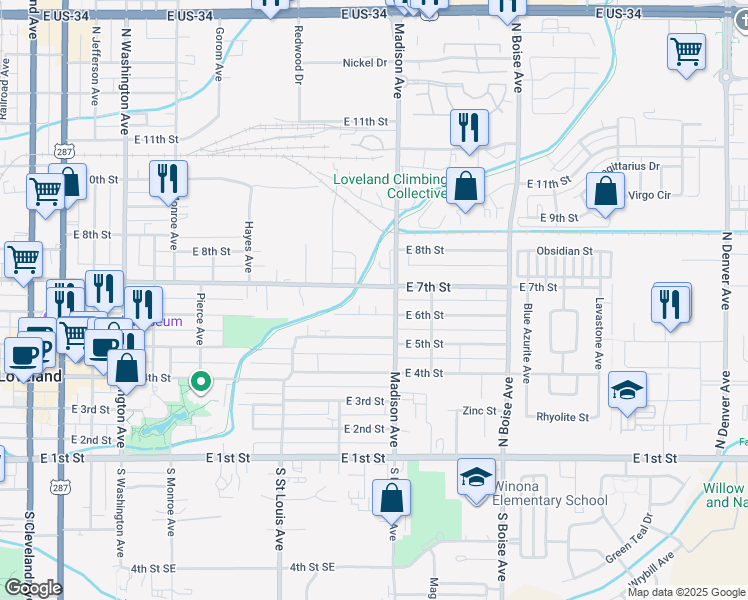 map of restaurants, bars, coffee shops, grocery stores, and more near 1249 East 6th Street in Loveland