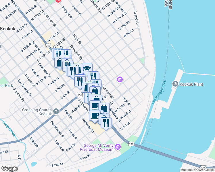 map of restaurants, bars, coffee shops, grocery stores, and more near 213 N 6th St in Keokuk