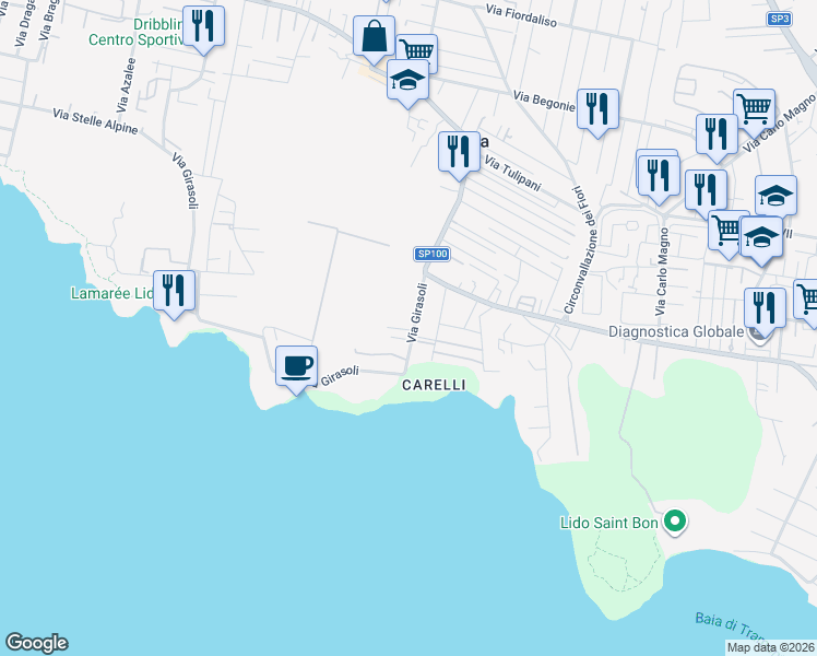 map of restaurants, bars, coffee shops, grocery stores, and more near 257 Via Girasoli in Taranto