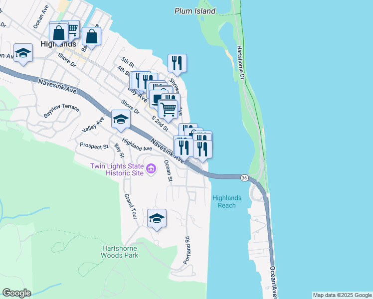 map of restaurants, bars, coffee shops, grocery stores, and more near 23 Bay Avenue in Highlands