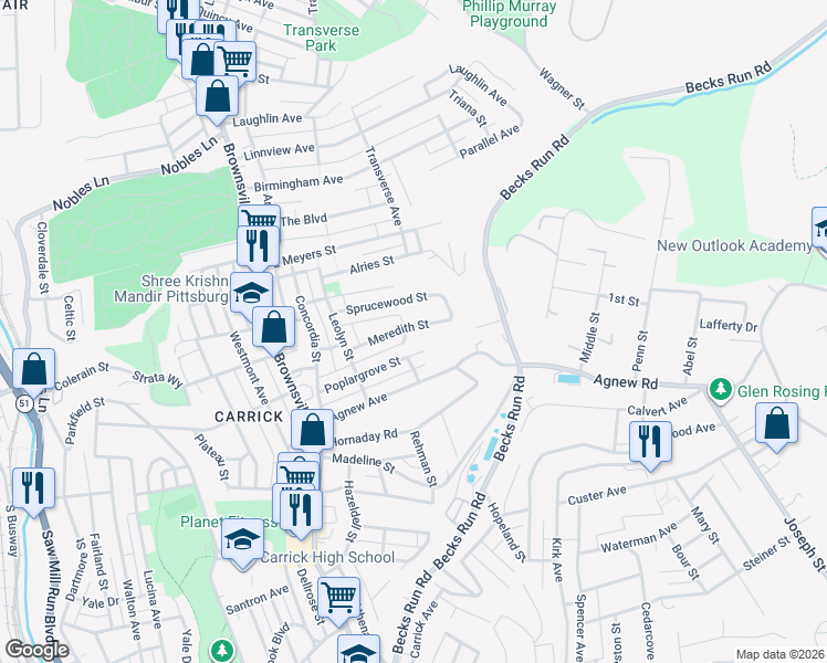map of restaurants, bars, coffee shops, grocery stores, and more near 306 Meredith Street in Pittsburgh
