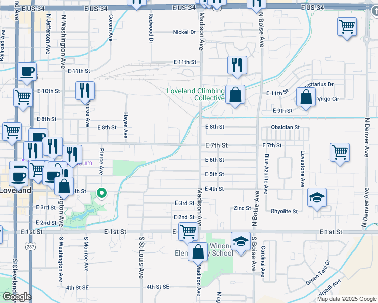 map of restaurants, bars, coffee shops, grocery stores, and more near 1249 East 6th Street in Loveland