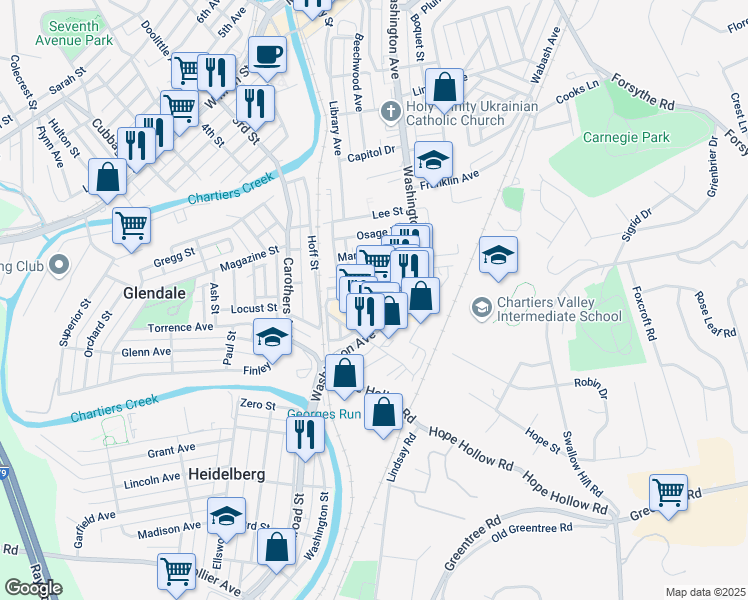 map of restaurants, bars, coffee shops, grocery stores, and more near 209 Mansfield Avenue in Carnegie
