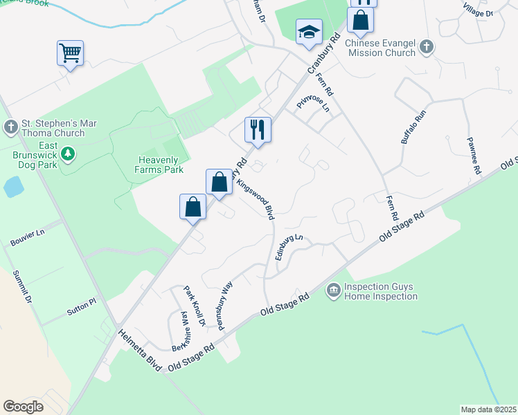 map of restaurants, bars, coffee shops, grocery stores, and more near 16 Dorchester Drive in East Brunswick