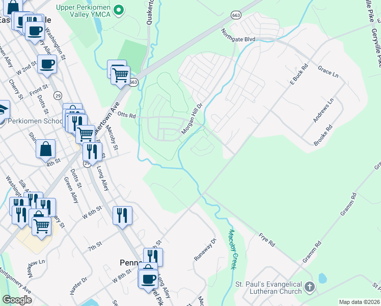 map of restaurants, bars, coffee shops, grocery stores, and more near 1074 Rosemont Terrace in Pennsburg