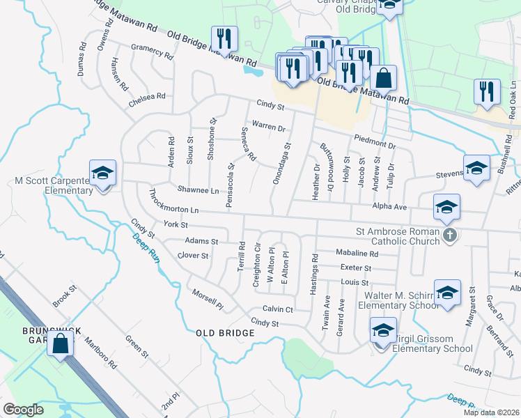 map of restaurants, bars, coffee shops, grocery stores, and more near 162 Throckmorton Lane in Old Bridge