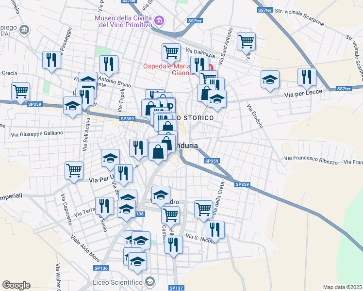 map of restaurants, bars, coffee shops, grocery stores, and more near 5 Via Santa Lucia in Manduria