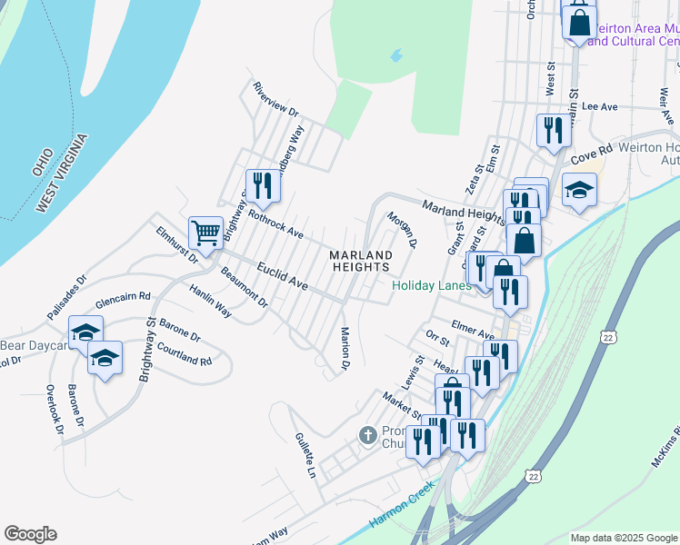 map of restaurants, bars, coffee shops, grocery stores, and more near 3716 Marlamont Way in Weirton