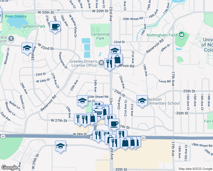 map of restaurants, bars, coffee shops, grocery stores, and more near 2304 West 24th Street Road in Greeley