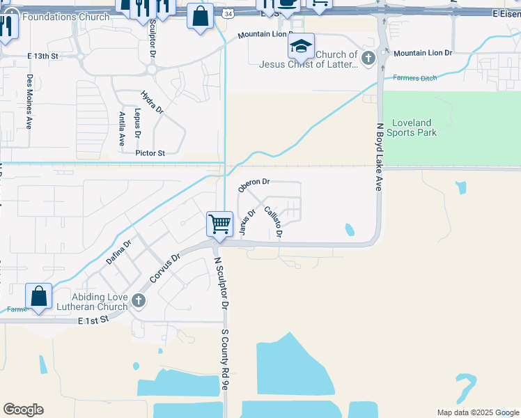 map of restaurants, bars, coffee shops, grocery stores, and more near 102 Janus Drive in Loveland