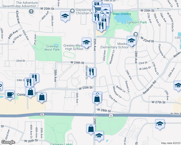 map of restaurants, bars, coffee shops, grocery stores, and more near 2429 35th Avenue in Greeley