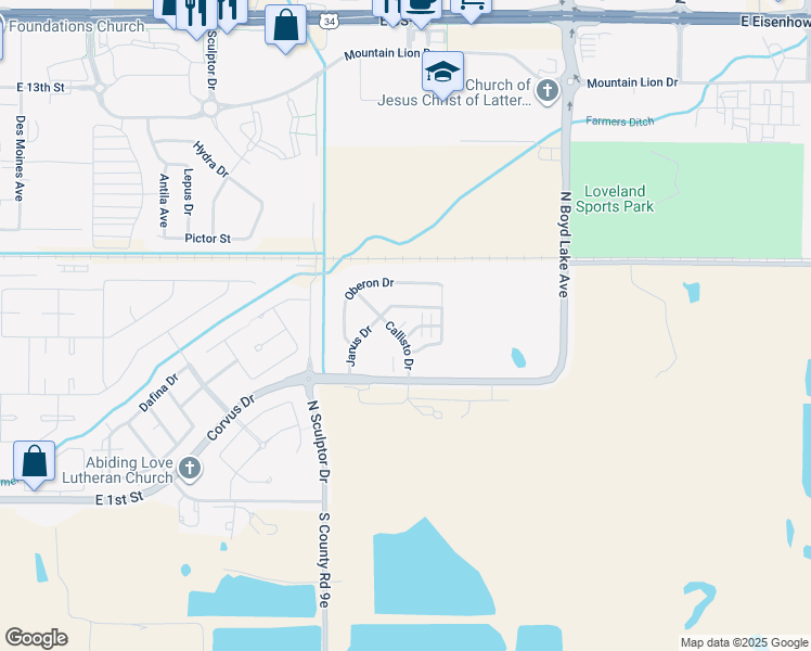 map of restaurants, bars, coffee shops, grocery stores, and more near 3437 Rhea Drive in Loveland
