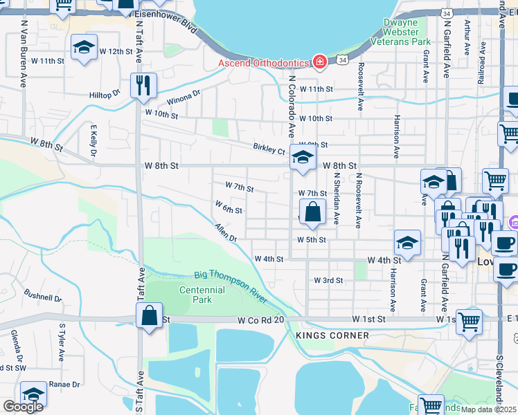 map of restaurants, bars, coffee shops, grocery stores, and more near 604 Douglas Avenue in Loveland